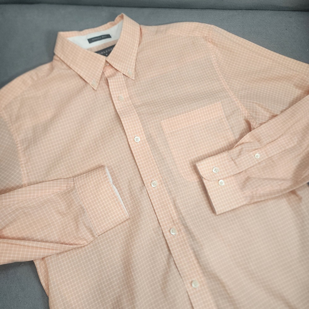 Saddlebred Button Down Shirt Peach Micro Check Wrinkle Free Mens Medium